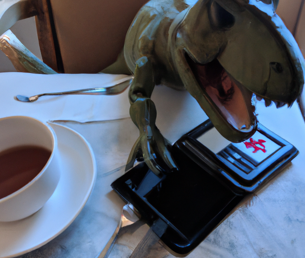 A t rex playing a generic gameboy.